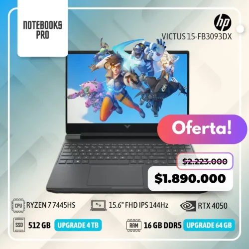 HP VICTUS 15-FB3093DX - RYZEN 7 7445HS - SSD 512 GB - 16 GB RAM DDR5 - 15.6" FHD IPS 144Hz - RTX 4050 - 6 núcleos - Teclado retroiluminado