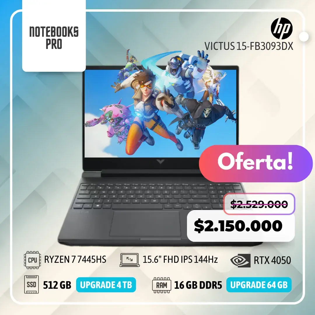 HP VICTUS 15-FB3093DX - RYZEN 7 7445HS - SSD 512 GB - 16 GB RAM DDR5 - 15.6" FHD IPS 144Hz - RTX 4050 - 6 núcleos - Teclado retroiluminado