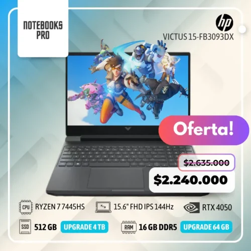 HP VICTUS 15-FB3093DX - RYZEN 7 7445HS - SSD 512 GB - 16 GB RAM DDR5 - 15.6" FHD IPS 144Hz - RTX 4050 - 6 núcleos - Teclado retroiluminado