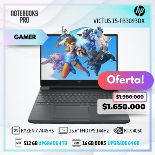 HP VICTUS 15-FB3093DX - RYZEN 7 7445HS - SSD 512 GB - 16 GB RAM DDR5 - 15.6" FHD IPS 144Hz - RTX 4050 - 6 núcleos - Teclado retroiluminado