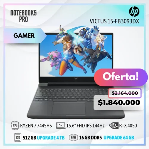 HP VICTUS 15-FB3093DX - RYZEN 7 7445HS - SSD 512 GB - 16 GB RAM DDR5 - 15.6" FHD IPS 144Hz - RTX 4050 - 6 núcleos - Teclado retroiluminado