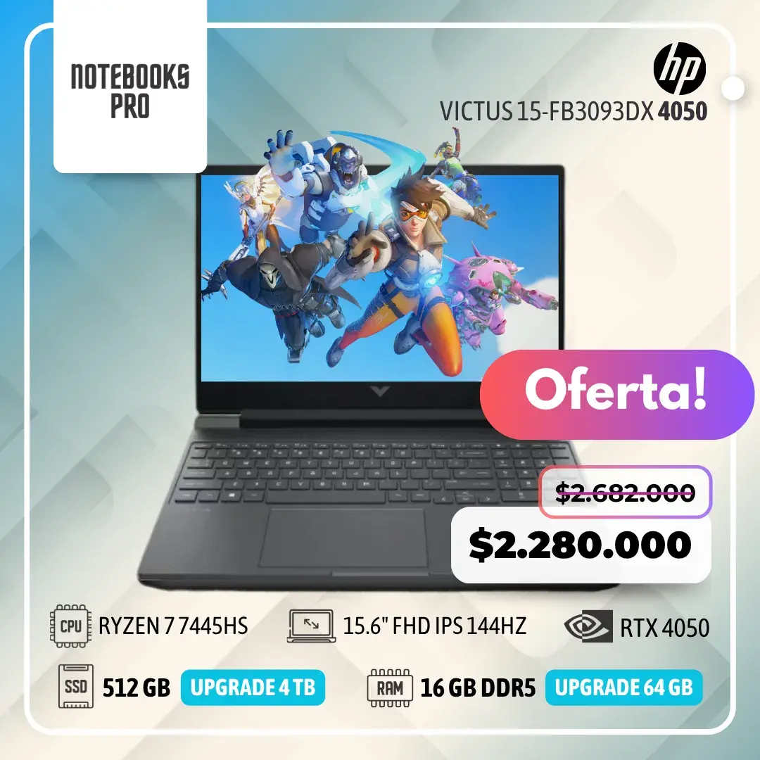 HP VICTUS 15-FB3093DX - RYZEN 7 7445HS - SSD 512 GB - 16 GB RAM DDR5 - 15.6" FHD IPS 144Hz - RTX 4050 - 6 núcleos - Teclado retroiluminado