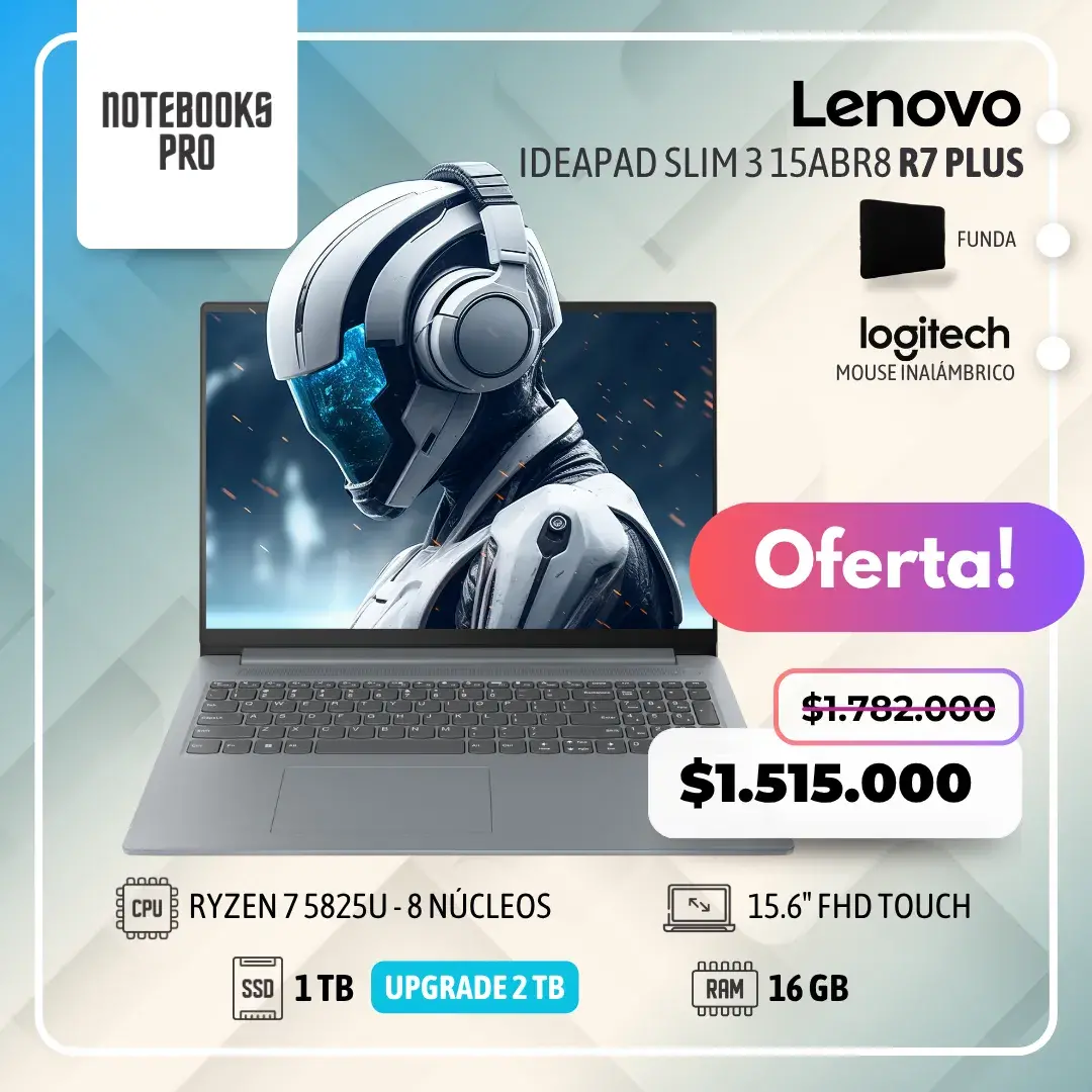 LENOVO IDEAPAD SLIM 3 15ABR8 PLUS - RYZEN 7 5825U - SSD 1 TB - 16 GB RAM - 15.6" FHD - 8 núcleos