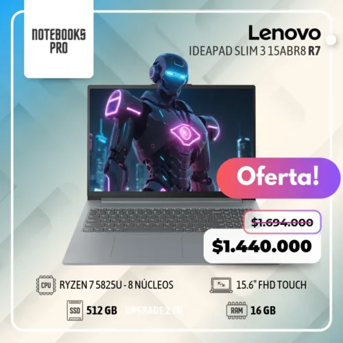 LENOVO IDEAPAD SLIM 3 15ABR8 - RYZEN 7 5825U - SSD 512 GB - 16 GB RAM - 15.6" FHD Touch - 8 núcleos