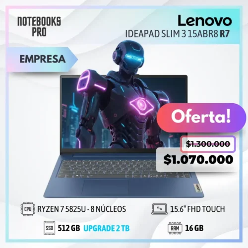 LENOVO IDEAPAD SLIM 3 15ABR8 - RYZEN 7 5825U - SSD 512 GB - 16 GB RAM - 15.6" FHD Touch - 8 núcleos