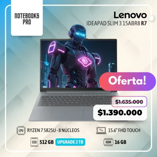 LENOVO IDEAPAD SLIM 3 15ABR8 - RYZEN 7 5825U - SSD 512 GB - 16 GB RAM - 15.6" FHD Touch - 8 núcleos
