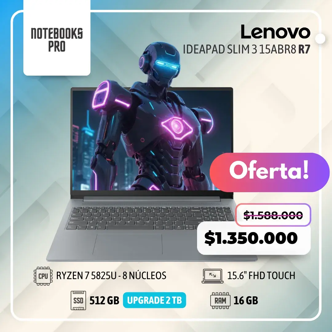 LENOVO IDEAPAD SLIM 3 15ABR8 - RYZEN 7 5825U - SSD 512 GB - 16 GB RAM - 15.6" FHD Touch - 8 núcleos