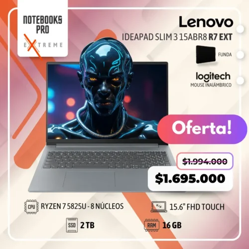 LENOVO IDEAPAD SLIM 3 15ABR8 EXTREME - RYZEN 7 5825U - SSD 2 TB - 16 GB RAM - 15.6" FHD Touch - 8 núcleos