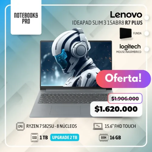 LENOVO IDEAPAD SLIM 3 15ABR8 PLUS - RYZEN 7 5825U - SSD 1 TB - 16 GB RAM - 15.6" FHD - 8 núcleos
