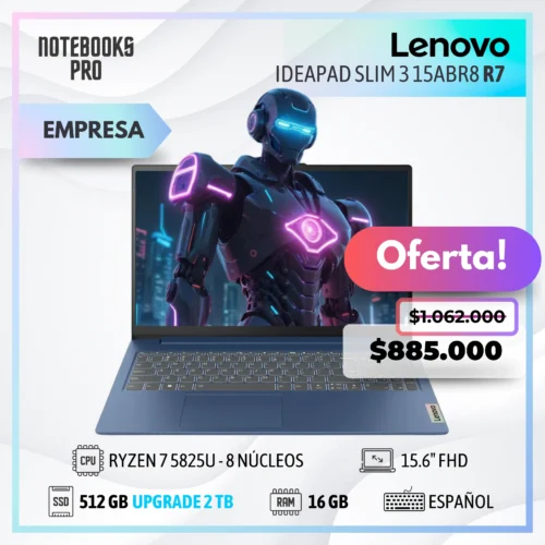 LENOVO IDEAPAD SLIM 3 15ABR8 - RYZEN 7 5825U - SSD 512 GB - 16 GB RAM - 15.6" FHD - 8 núcleos - Teclado español