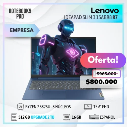 LENOVO IDEAPAD SLIM 3 15ABR8 - RYZEN 7 5825U - SSD 512 GB - 16 GB RAM - 15.6" FHD - 8 núcleos - Teclado español