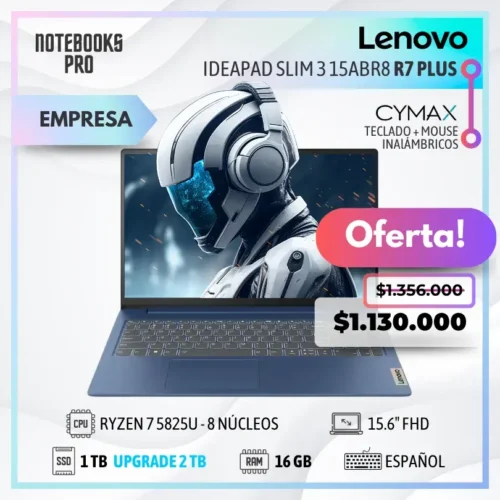 LENOVO IDEAPAD SLIM 3 15ABR8 PLUS - RYZEN 7 5825U - SSD 1 TB - 16 GB RAM - 15.6" FHD - 8 núcleos - Teclado español + KIT TECLADO + MOUSE WIRELESS CYMAX