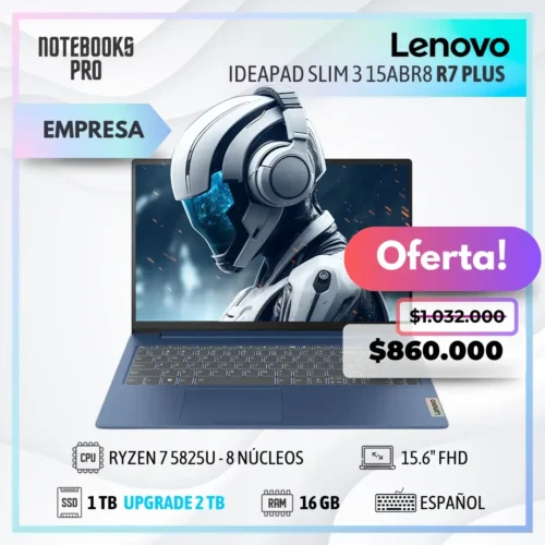 LENOVO IDEAPAD SLIM 3 15ABR8 PLUS - RYZEN 7 5825U - SSD 1 TB - 16 GB RAM - 15.6" FHD - 8 núcleos - Teclado español