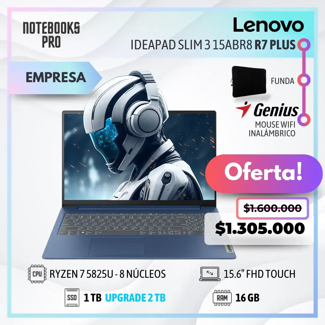 LENOVO IDEAPAD SLIM 3 15ABR8 PLUS - RYZEN 7 5825U - SSD 1 TB - 16 GB RAM - 15.6" FHD - 8 núcleos - Teclado español