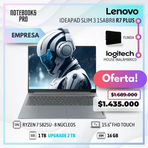 LENOVO IDEAPAD SLIM 3 15ABR8 PLUS - RYZEN 7 5825U - SSD 1 TB - 16 GB RAM - 15.6" FHD - 8 núcleos