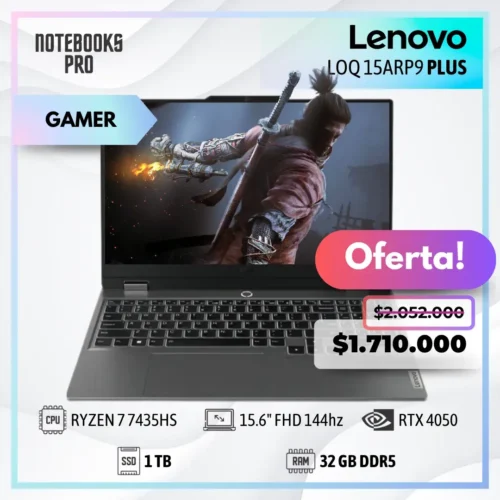 LENOVO LOQ 15ARP9 PLUS - RYZEN 7 7435HS - SSD 1 TB - 32 GB RAM DDR5 - 15.6" FHD 144hz - RTX 4050 - Teclado retroiluminado - 8 Núcleos