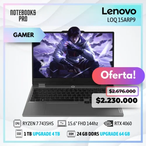 LENOVO LOQ 15ARP9 - RYZEN 7 7435HS - SSD 1 TB - 24 GB RAM DDR5 - 15.6" FHD 144hz - RTX 4060 - Teclado retroiluminado - 8 Núcleos