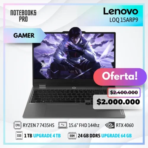 LENOVO LOQ 15ARP9 - RYZEN 7 7435HS - SSD 1 TB - 24 GB RAM DDR5 - 15.6" FHD 144hz - RTX 4060 - Teclado retroiluminado - 8 Núcleos