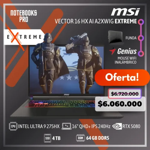 MSI VECTOR 16 HX AI A2XWIG EXTREME - ULTRA 9 275HX - SSD 4 TB - 64 GB RAM DDR5 - RTX 5080 - 16" QHD+ IPS 240Hz