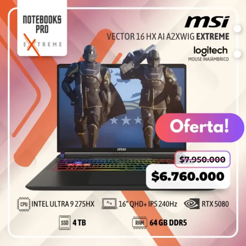 MSI VECTOR 16 HX AI A2XWIG EXTREME - ULTRA 9 275HX - SSD 4 TB - 64 GB RAM DDR5 - RTX 5080 - 16" QHD+ IPS 240Hz