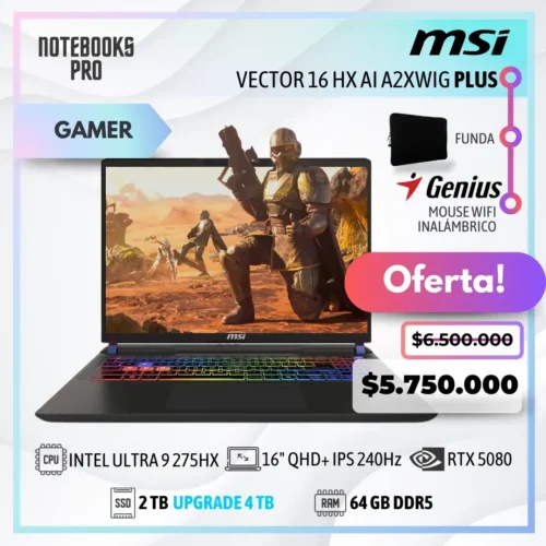 MSI VECTOR 16 HX AI A2XWIG PLUS - ULTRA 9 275HX - SSD 2 TB - 64 GB RAM DDR5 - RTX 5080 - 16" QHD+ IPS 240Hz