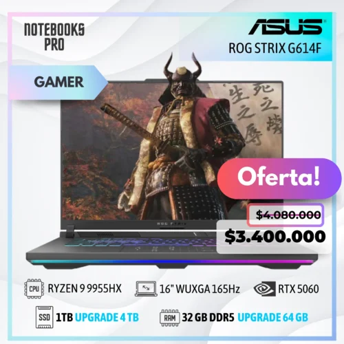 ASUS ROG STRIX G614F - RYZEN 9 9955HX - SSD 1TB - 32 GB RAM DDR5 - 16" WUXGA 165Hz - RTX 5060 - Teclado retroiluminado - 16 Núcleos