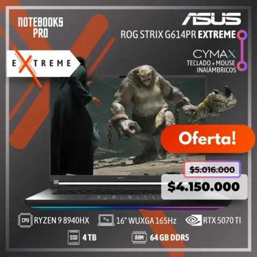 ASUS ROG STRIX G614PR EXTREME - RYZEN 9 8940HX - SSD 4TB - 64 GB RAM DDR5 - 16" WUXGA 165Hz - RTX 5070 Ti + KIT TECLADO + MOUSE WIRELESS CYMAX