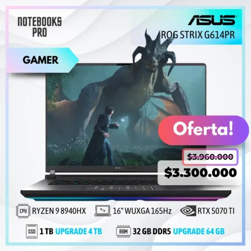 ASUS ROG STRIX G614PR - RYZEN 9 8940HX - SSD 1TB - 32 GB RAM DDR5 - 16" WUXGA 165Hz - RTX 5070 TI - Teclado retroiluminado - 16 núcleos
