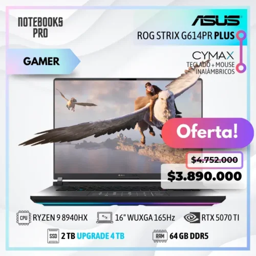 ASUS ROG STRIX G614PR PLUS - RYZEN 9 8940HX - SSD 2 TB - 64 GB RAM DDR5 - 16" WUXGA 165Hz - RTX 5070 TI + KIT TECLADO + MOUSE WIRELESS CYMAX