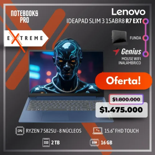 LENOVO IDEAPAD SLIM 3 15ABR8 EXTREME - RYZEN 7 5825U - SSD 2 TB - 16 GB RAM - 15.6" FHD Touch - 8 núcleos