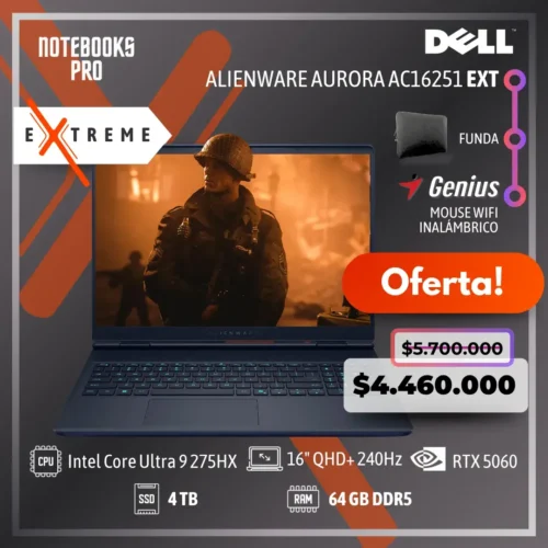 DELL ALIENWARE AURORA AC16251 Extreme - Intel Core Ultra 9 275HX - SSD 4 TB - 64 GB RAM DDR5 - RTX 5060 - 16" QHD+ 240Hz - Teclado Retroiluminado - 24 Núcleos