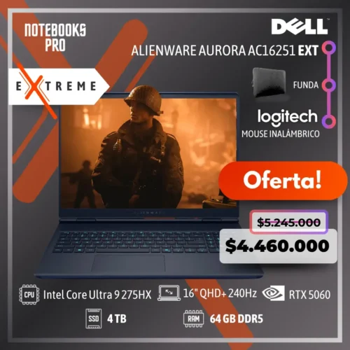 DELL ALIENWARE AURORA AC16251 Extreme - Intel Core Ultra 9 275HX - SSD 4 TB - 64 GB RAM DDR5 - RTX 5060 - 16" QHD+ 240Hz - Teclado Retroiluminado - 24 Núcleos