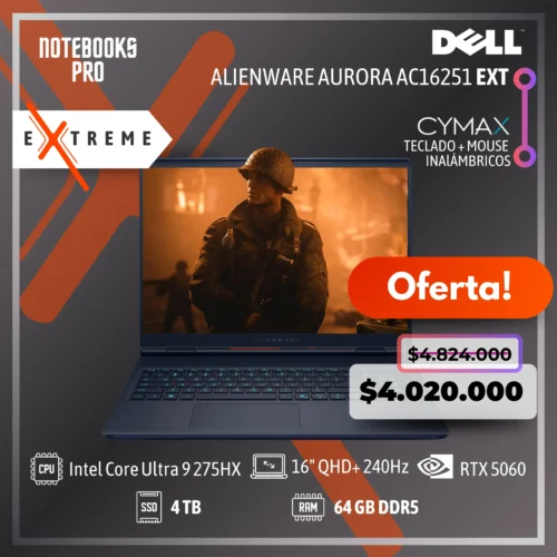 DELL ALIENWARE AURORA AC16251 Extreme - Intel Core Ultra 9 275HX - SSD 4 TB - 64 GB RAM DDR5 - RTX 5060 - 16" QHD+ 240Hz - Teclado Retroiluminado - 24 Núcleos + KIT TECLADO + MOUSE WIRELESS CYMAX