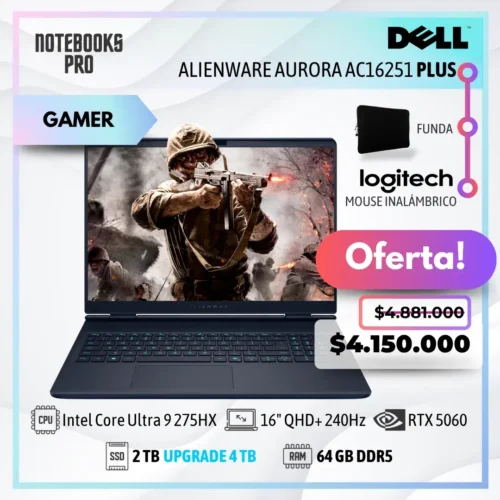 DELL ALIENWARE AURORA AC16251 Plus - Intel Core Ultra 9 275HX - SSD 2 TB - 64 GB RAM DDR5 - RTX 5060 - 16" QHD+ 240Hz - Teclado Retroiluminado - 24 Núcleos