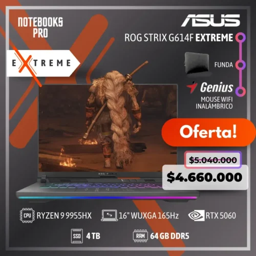 ASUS ROG STRIX G614F EXTREME - RYZEN 9 9955HX - SSD 4 TB - 64 GB RAM DDR5 - 16" WUXGA 165Hz - RTX 5060 - Teclado retroiluminado - 16 Núcleos