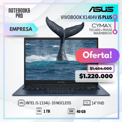 ASUS VIVOBOOK X1404V PLUS - i5-1334U - SSD 1 TB - 40 GB RAM - 14" FHD - 10 Núcleos + KIT TECLADO + MOUSE WIRELESS CYMAX