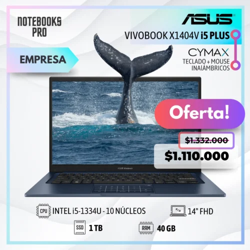 ASUS VIVOBOOK X1404V PLUS - i5-1334U - SSD 512 GB - 16 GB RAM - 14" FHD - 10 Núcleos - KIT TECLADO + MOUSE WIRELESS CYMAX