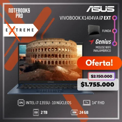 ASUS VIVOBOOK X1404VA EXTREME - i7-1355U - SSD 2 TB - 24 GB RAM - 14" FHD - 10 Núcleos