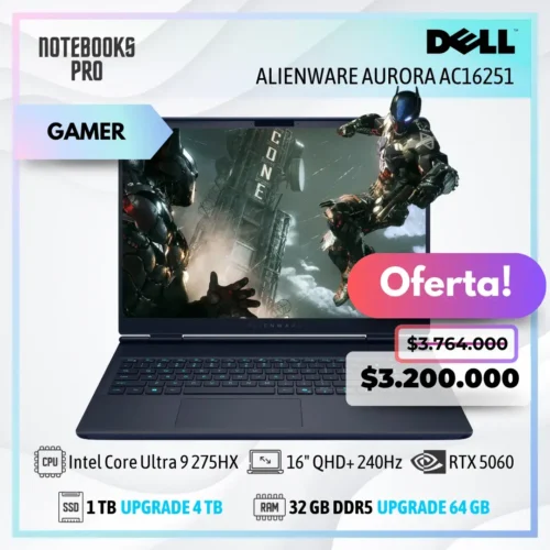 DELL ALIENWARE AURORA AC16251 - Intel Core Ultra 9 275HX - SSD 1 TB - 32 GB RAM DDR5 - RTX 5060 - 16" QHD+ 240Hz - Teclado Retroiluminado - 24 Núcleos