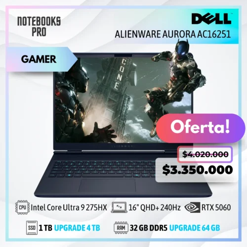 DELL ALIENWARE AURORA AC16251 - Intel Core Ultra 9 275HX - SSD 1 TB - 32 GB RAM DDR5 - RTX 5060 - 16" QHD+ 240Hz - Teclado Retroiluminado - 24 Núcleos