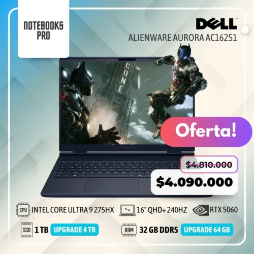 DELL ALIENWARE AURORA AC16251 - Intel Core Ultra 9 275HX - SSD 1 TB - 32 GB RAM DDR5 - RTX 5060 - 16" QHD+ 240Hz - Teclado Retroiluminado - 24 Núcleos
