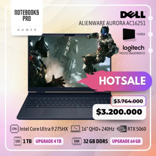 DELL ALIENWARE AURORA AC16251 - Intel Core Ultra 9 275HX - SSD 1 TB - 32 GB RAM DDR5 - RTX 5060 - 16" QHD+ 240Hz - Teclado Retroiluminado - 24 Núcleos