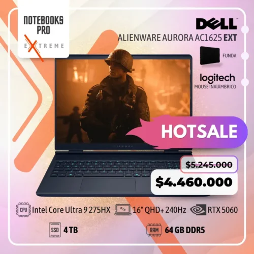 DELL ALIENWARE AURORA AC16251 Extreme - Intel Core Ultra 9 275HX - SSD 4 TB - 64 GB RAM DDR5 - RTX 5060 - 16" QHD+ 240Hz - Teclado Retroiluminado - 24 Núcleos