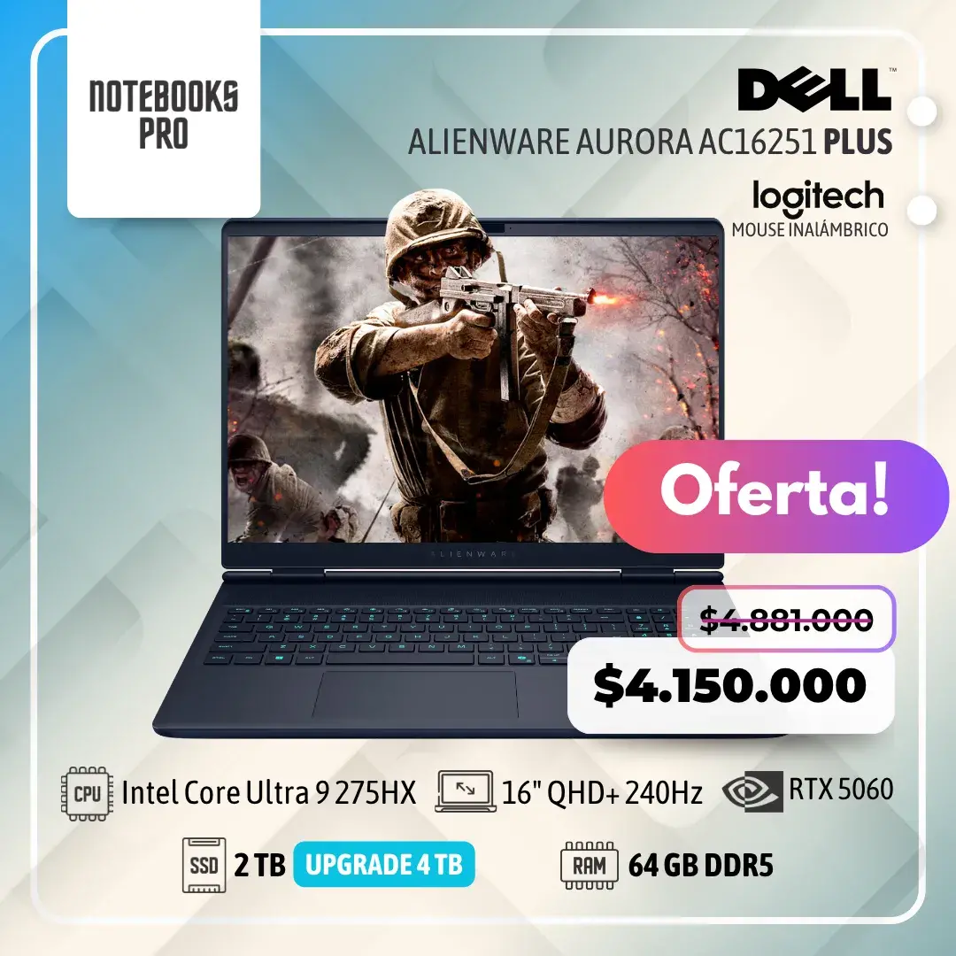 DELL ALIENWARE AURORA AC16251 Plus - Intel Core Ultra 9 275HX - SSD 2 TB - 64 GB RAM DDR5 - RTX 5060 - 16" QHD+ 240Hz - Teclado Retroiluminado - 24 Núcleos