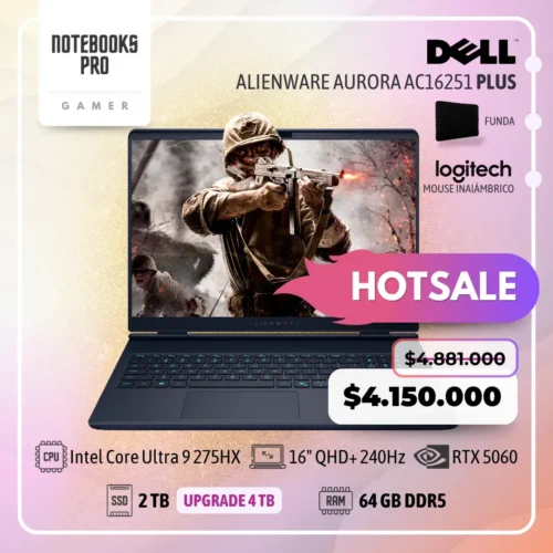 DELL ALIENWARE AURORA AC16251 Plus - Intel Core Ultra 9 275HX - SSD 2 TB - 64 GB RAM DDR5 - RTX 5060 - 16" QHD+ 240Hz - Teclado Retroiluminado - 24 Núcleos