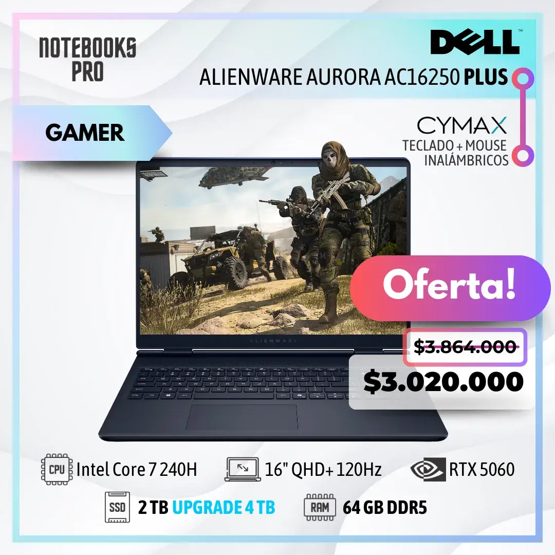 DELL ALIENWARE AURORA AC16250 Plus - Intel Core 7 240H - SSD 2 TB - 64 GB RAM DDR5 - RTX 5060 - 16" QHD+ 120Hz
