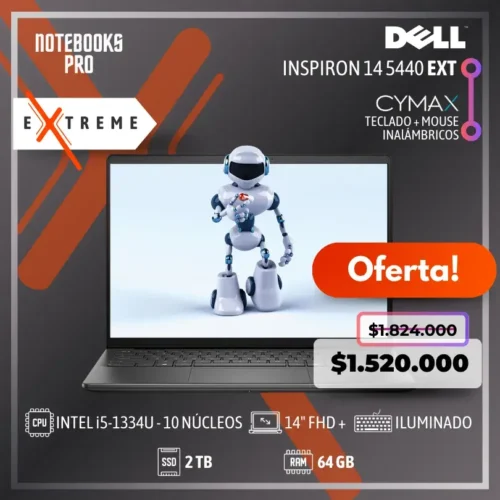 DELL INSPIRON 14 5440 EXTREME - i5-1334U - SSD 2 TB - 64 GB RAM DDR5 - 14" FHD+ / + KIT TECLADO + MOUSE WIRELESS CYMAX
