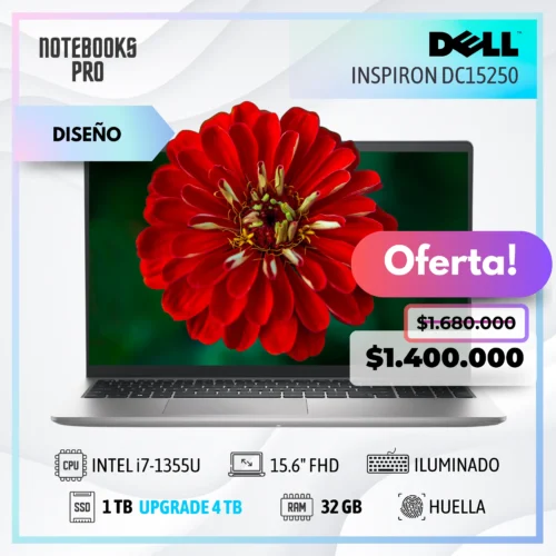 DELL INSPIRON DC15250 - i7-1355U - 1TB SSD - 32 GB RAM - 15.6" FHD - Teclado retroiluminado - Lector de huella - 10 Núcleos