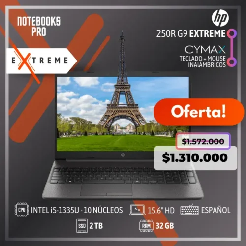 HP 250R G9 EXTREME - i5-1335U - SSD 2 TB - 32 GB RAM - 15.6" HD - Intel Iris Xe Graphics - 10 Núcleos - Teclado Español - KIT TECLADO + MOUSE WIRELESS CYMAX