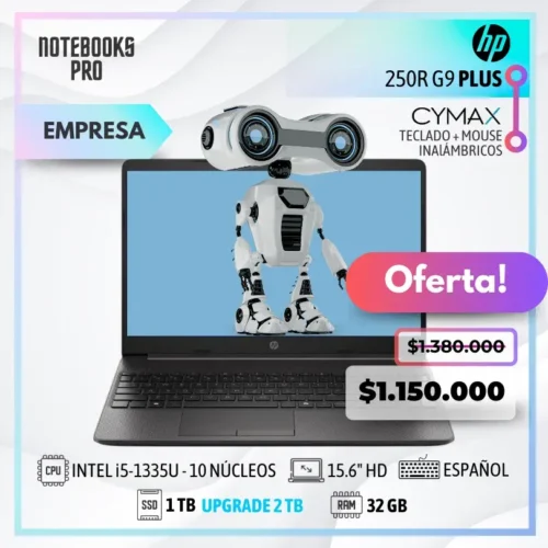 HP 250R G9 PLUS - i5-1335U - SSD 1 TB - 32 GB RAM - 15.6" HD - Intel Iris Xe Graphics - 10 Núcleos - Teclado Español - KIT TECLADO + MOUSE WIRELESS CYMAX